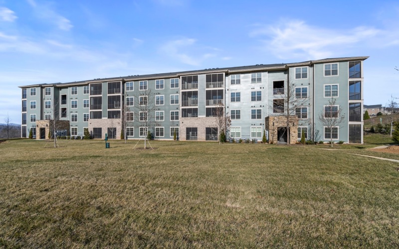 One-Bedroom Luxury Apartments in Arden, NC - Rockberry Apartments - Pet Park with a Grassy Ground, Trees, Pet Waste Station, and View of a Multi-Story Apartment Building.